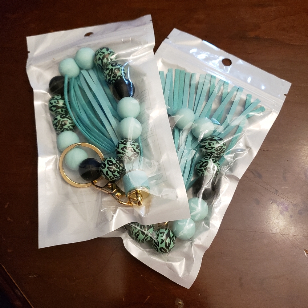 Teal and Leopard Beaded Keychain with Tassel